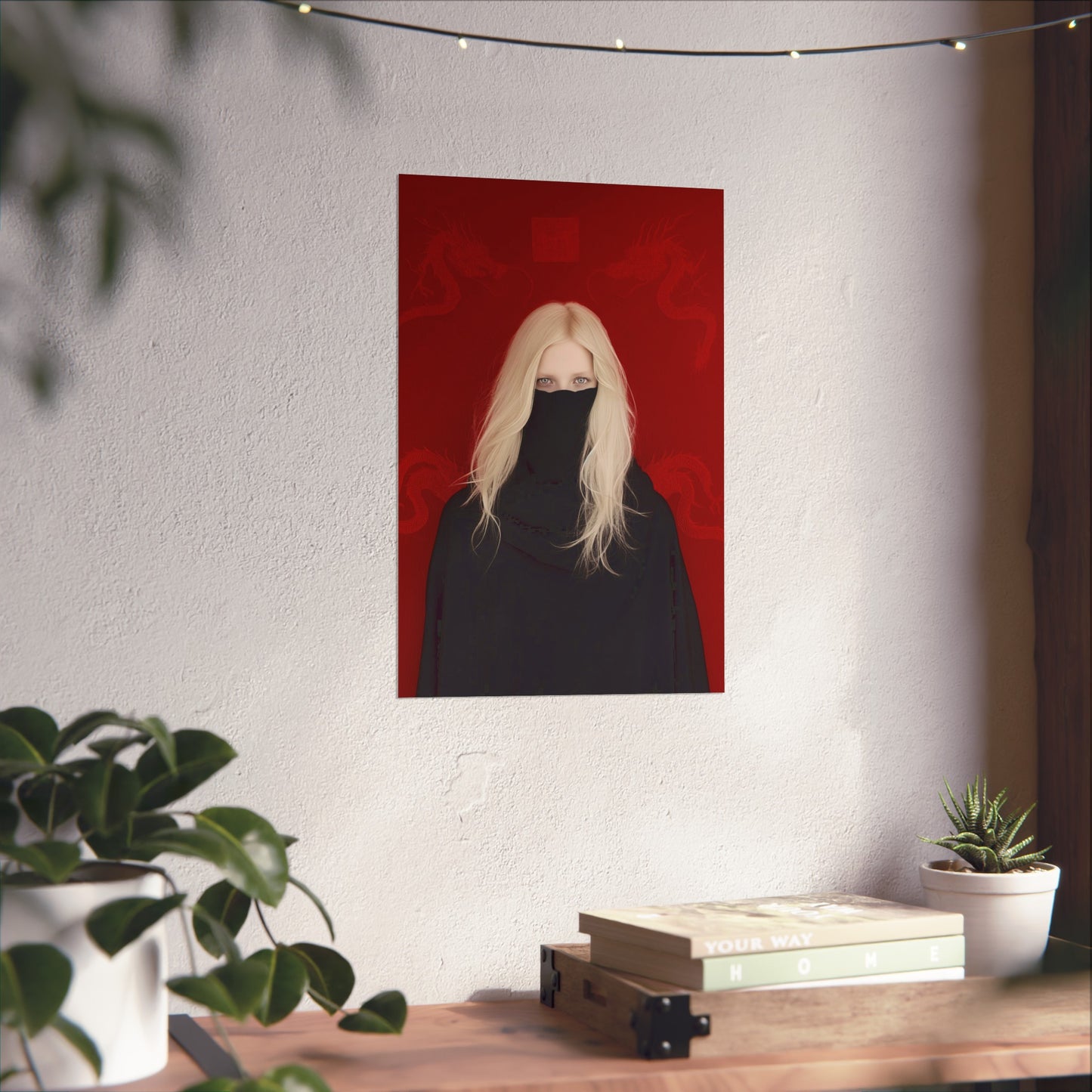 Matte Vertical Posters, Mystic Elegance: White-Haired Woman in Black with Red Dragon (24070504)