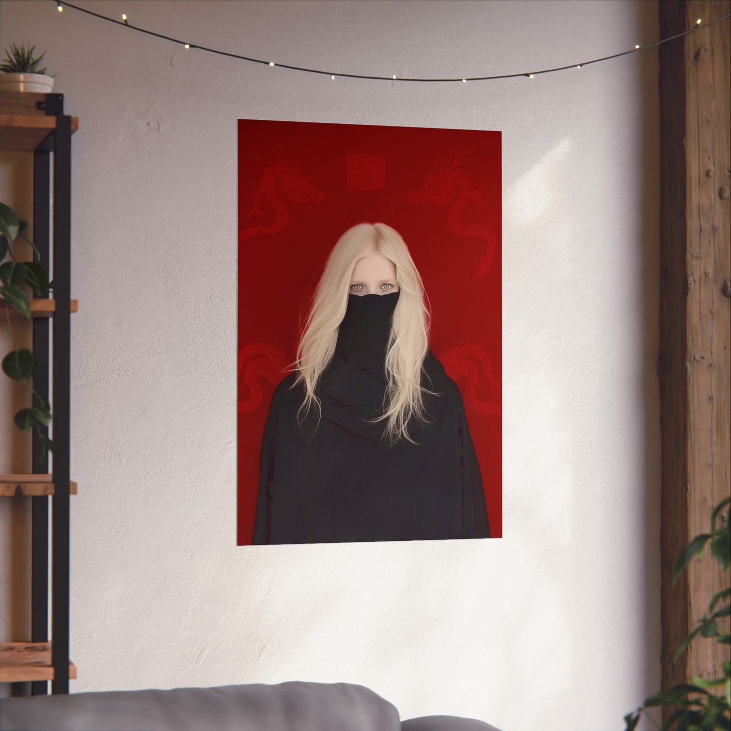Matte Vertical Posters, Mystic Elegance: White-Haired Woman in Black with Red Dragon (24070504)