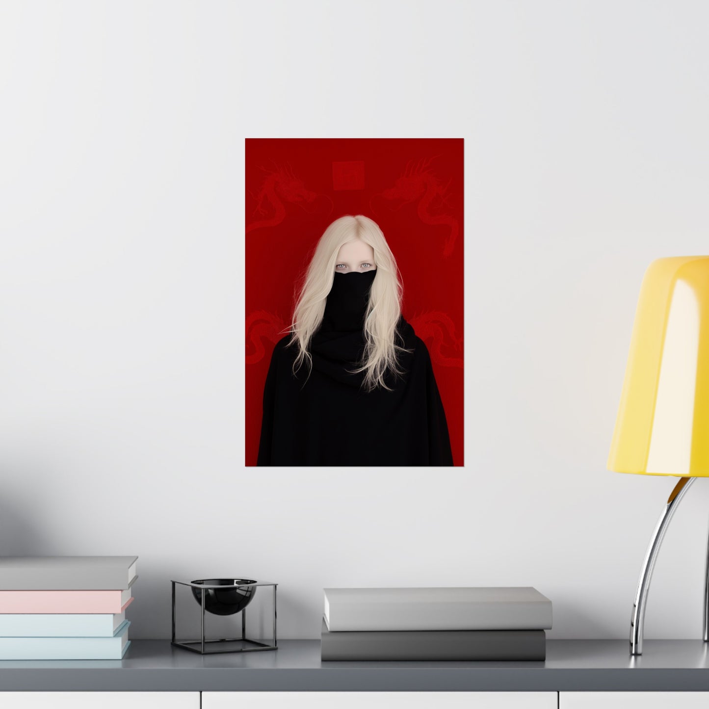 Matte Vertical Posters, Mystic Elegance: White-Haired Woman in Black with Red Dragon (24070504)