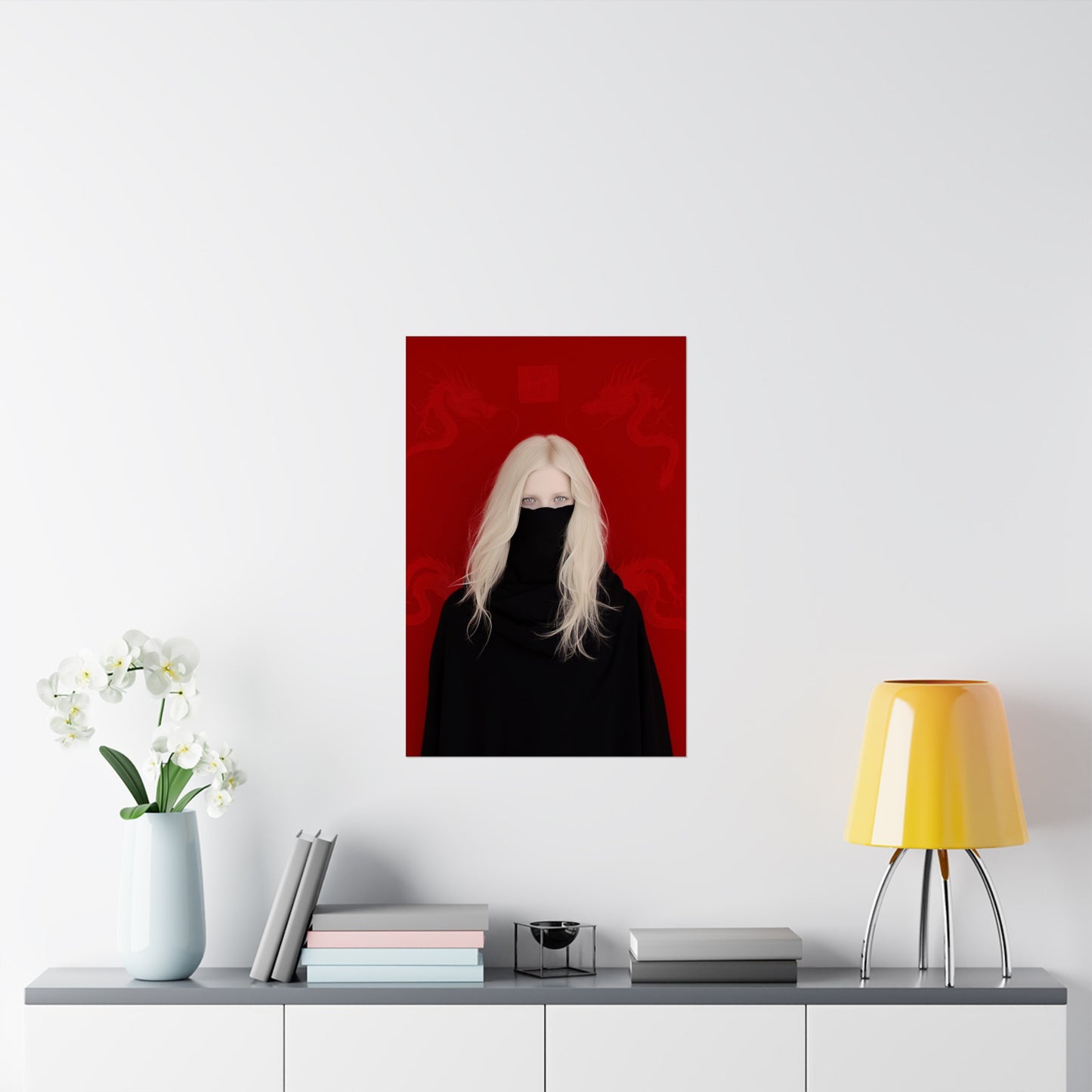 Matte Vertical Posters, Mystic Elegance: White-Haired Woman in Black with Red Dragon (24070504)