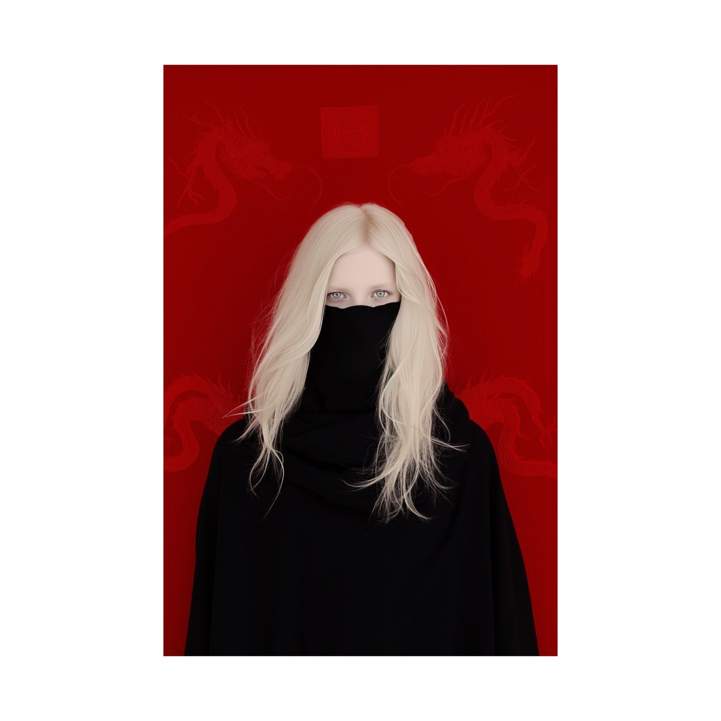 Matte Vertical Posters, Mystic Elegance: White-Haired Woman in Black with Red Dragon (24070504)
