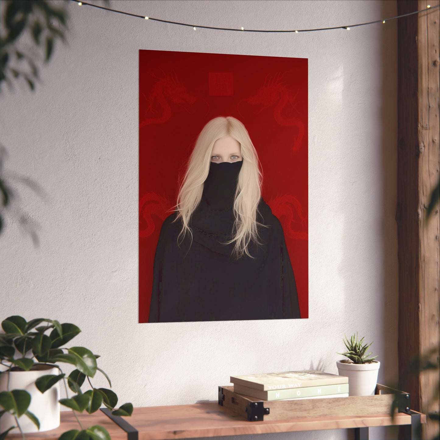 Matte Vertical Posters, Mystic Elegance: White-Haired Woman in Black with Red Dragon (24070504)