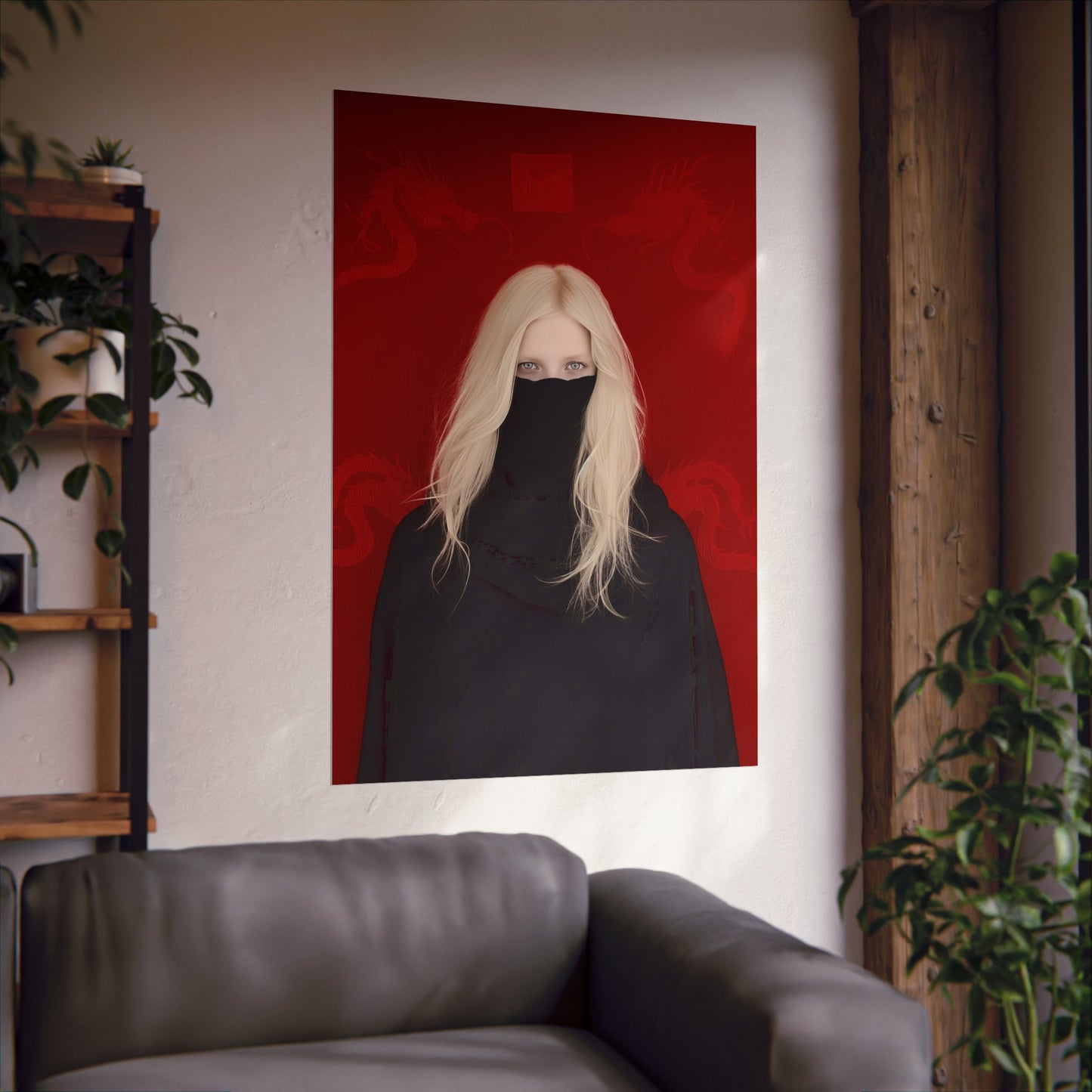 Matte Vertical Posters, Mystic Elegance: White-Haired Woman in Black with Red Dragon (24070504)