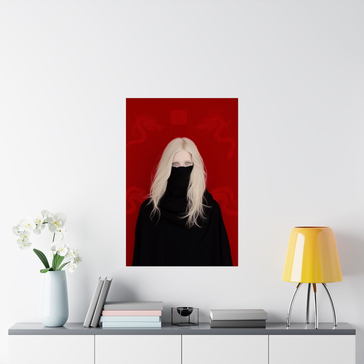 Matte Vertical Posters, Mystic Elegance: White-Haired Woman in Black with Red Dragon (24070504)
