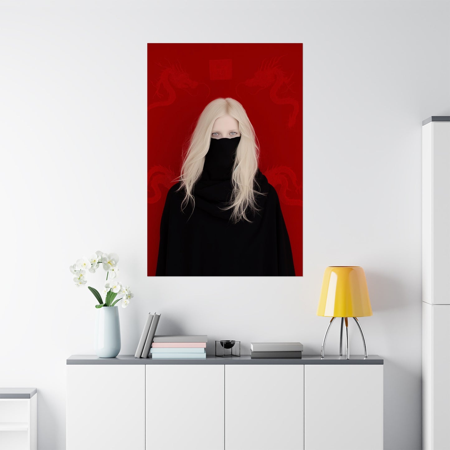 Matte Vertical Posters, Mystic Elegance: White-Haired Woman in Black with Red Dragon (24070504)