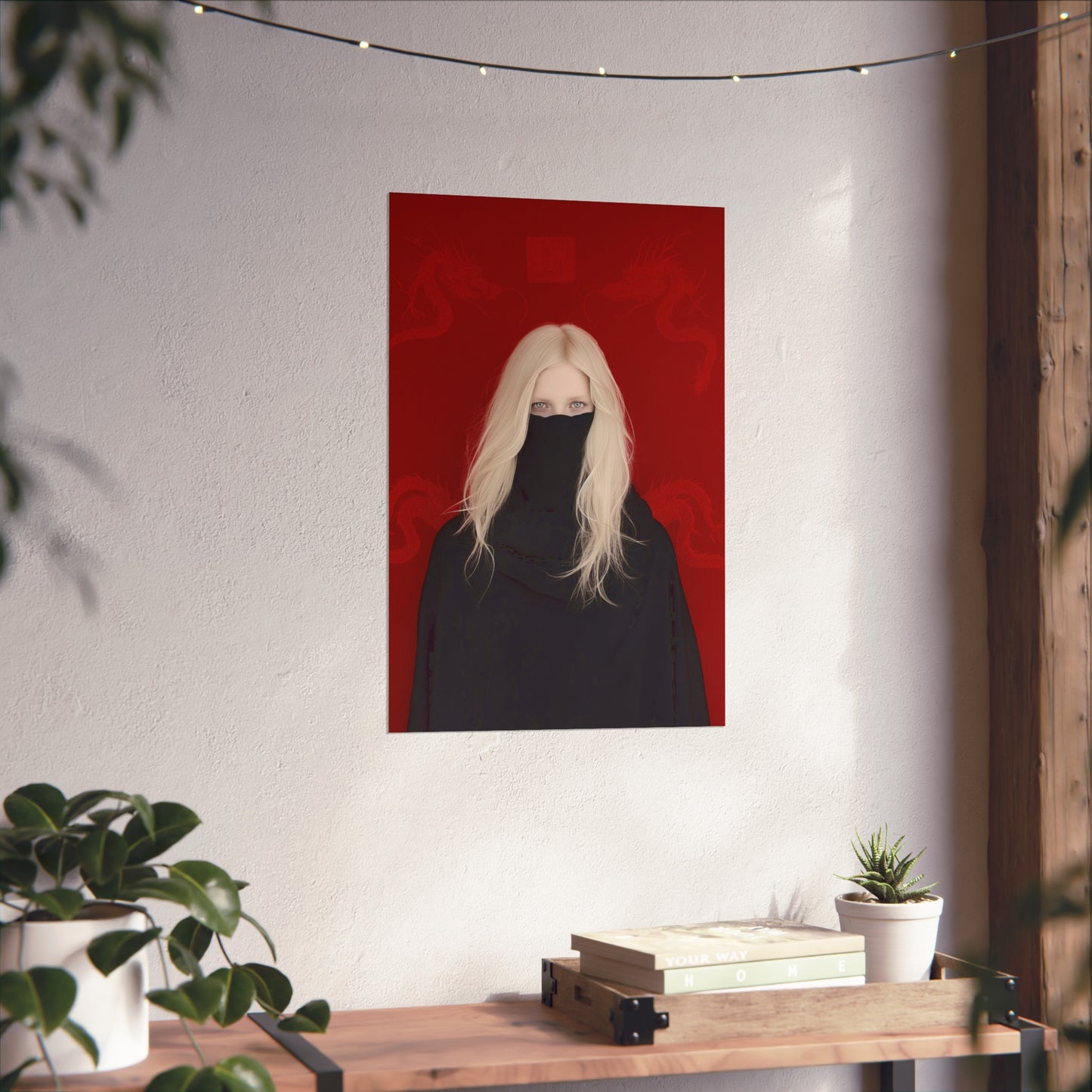 Matte Vertical Posters, Mystic Elegance: White-Haired Woman in Black with Red Dragon (24070504)