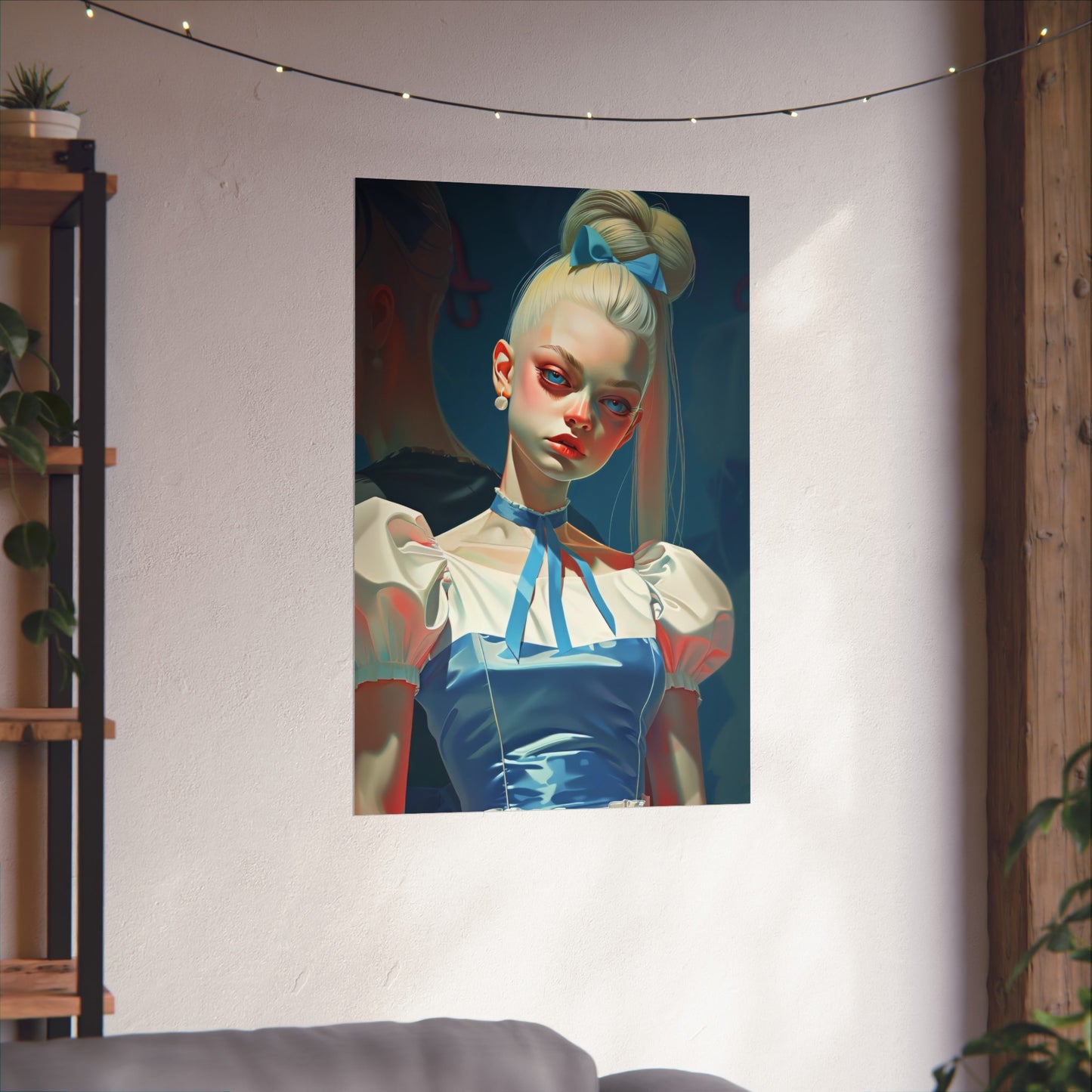 Matte Vertical Posters, Whimsical Elegance: Blonde Woman in Blue Dress with Bow (24070508)