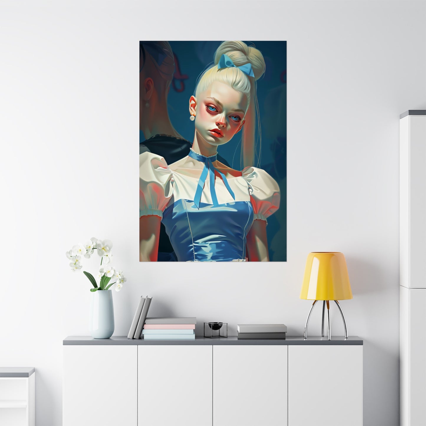 Matte Vertical Posters, Whimsical Elegance: Blonde Woman in Blue Dress with Bow (24070508)