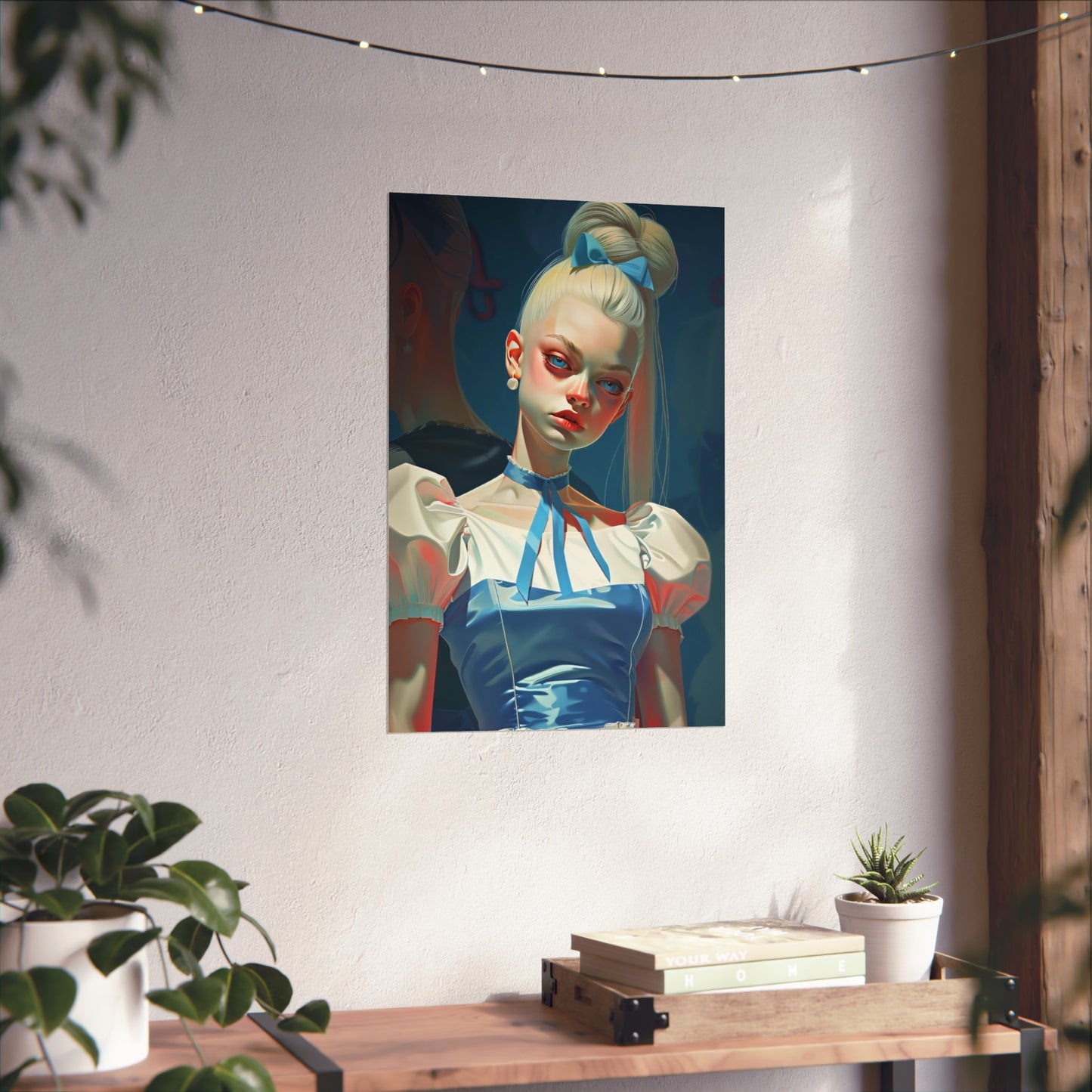 Matte Vertical Posters, Whimsical Elegance: Blonde Woman in Blue Dress with Bow (24070508)