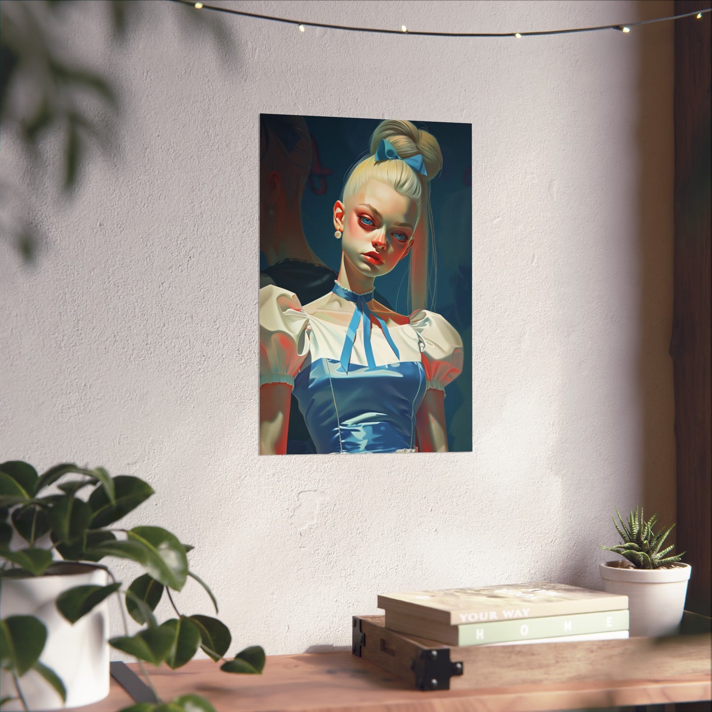 Matte Vertical Posters, Whimsical Elegance: Blonde Woman in Blue Dress with Bow (24070508)