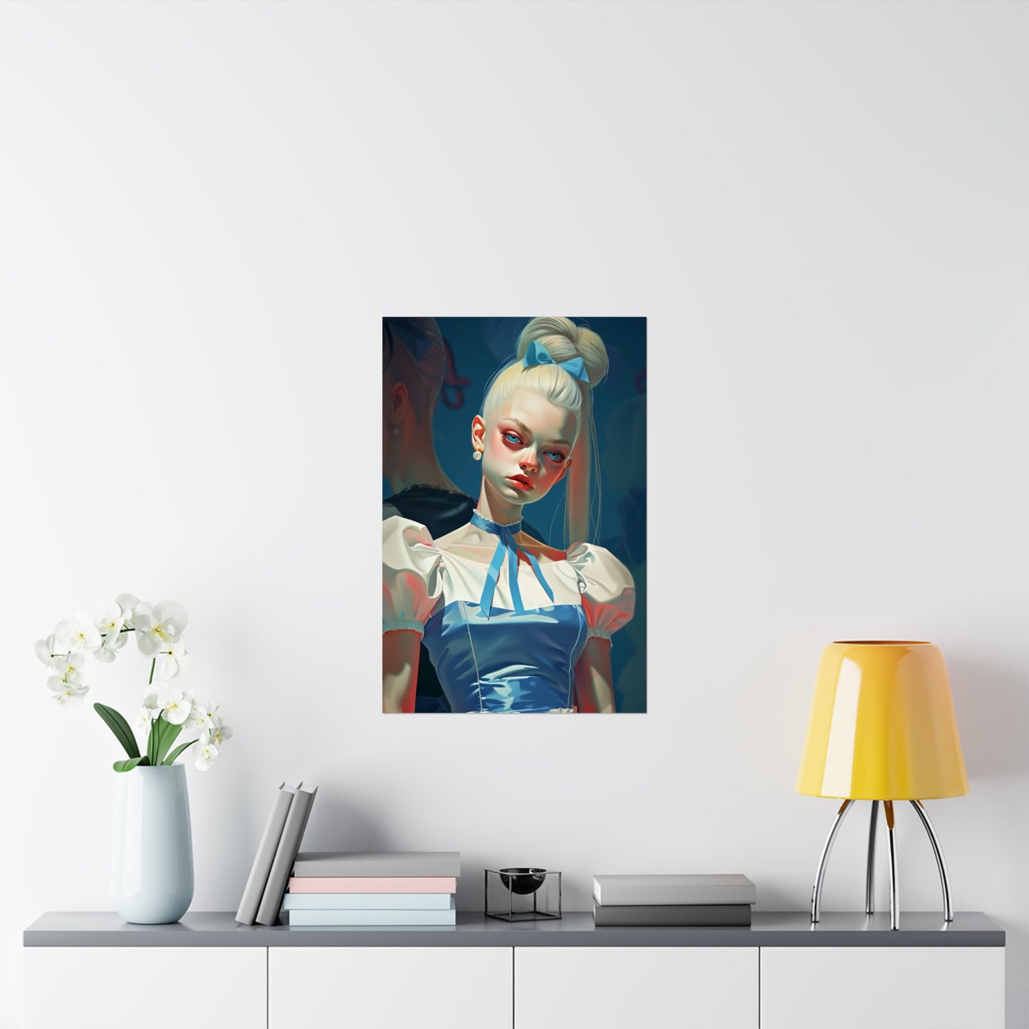 Matte Vertical Posters, Whimsical Elegance: Blonde Woman in Blue Dress with Bow (24070508)