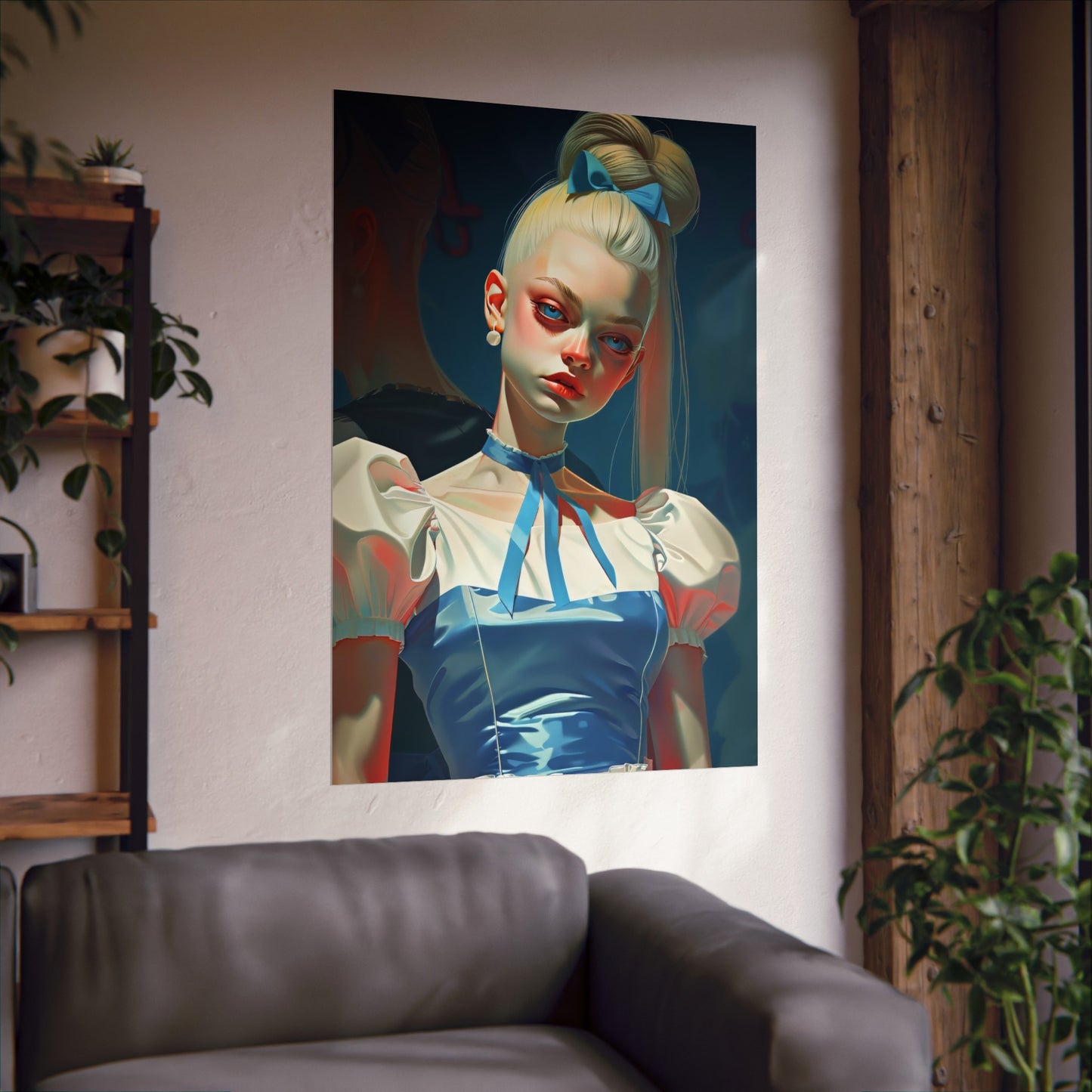 Matte Vertical Posters, Whimsical Elegance: Blonde Woman in Blue Dress with Bow (24070508)