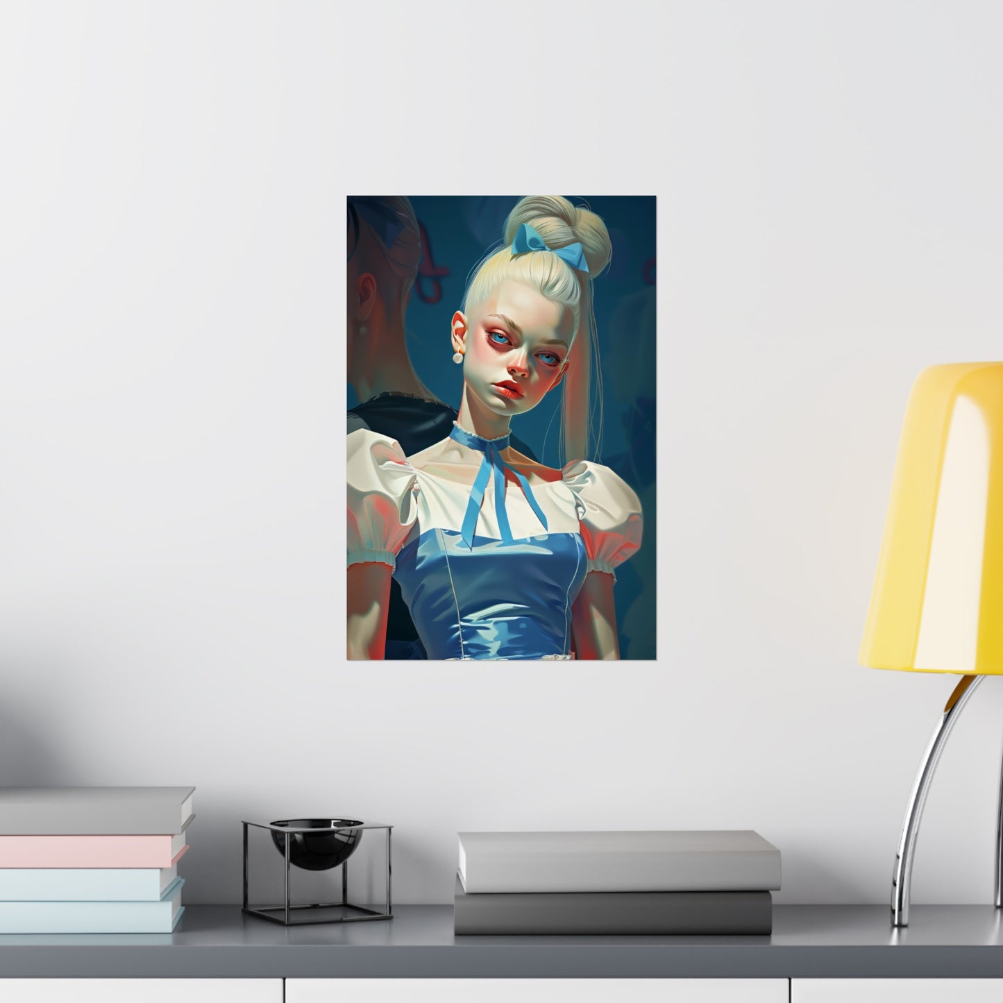 Matte Vertical Posters, Whimsical Elegance: Blonde Woman in Blue Dress with Bow (24070508)