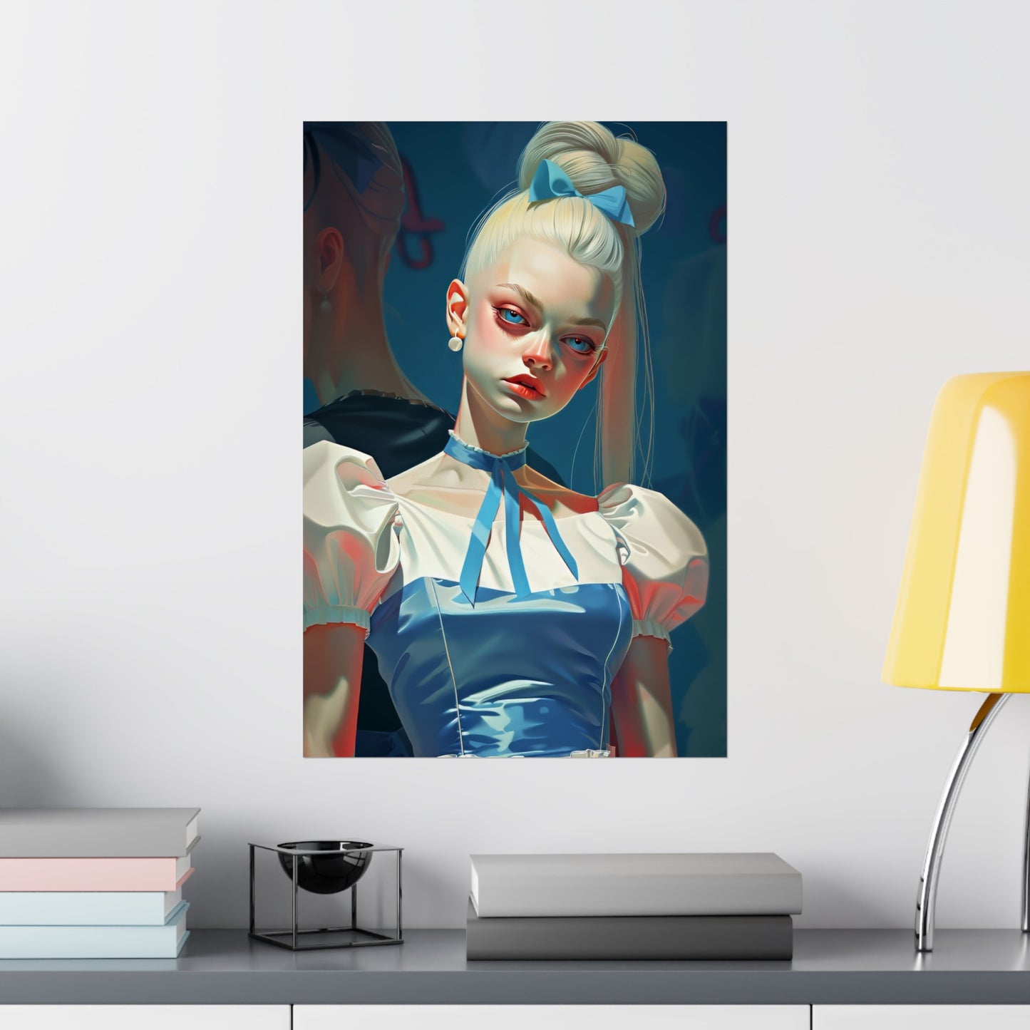 Matte Vertical Posters, Whimsical Elegance: Blonde Woman in Blue Dress with Bow (24070508)