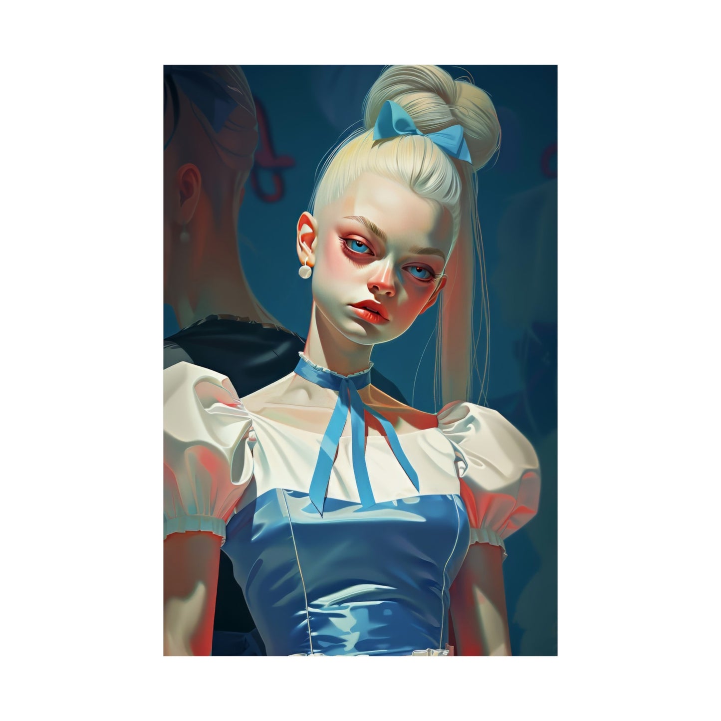 Matte Vertical Posters, Whimsical Elegance: Blonde Woman in Blue Dress with Bow (24070508)