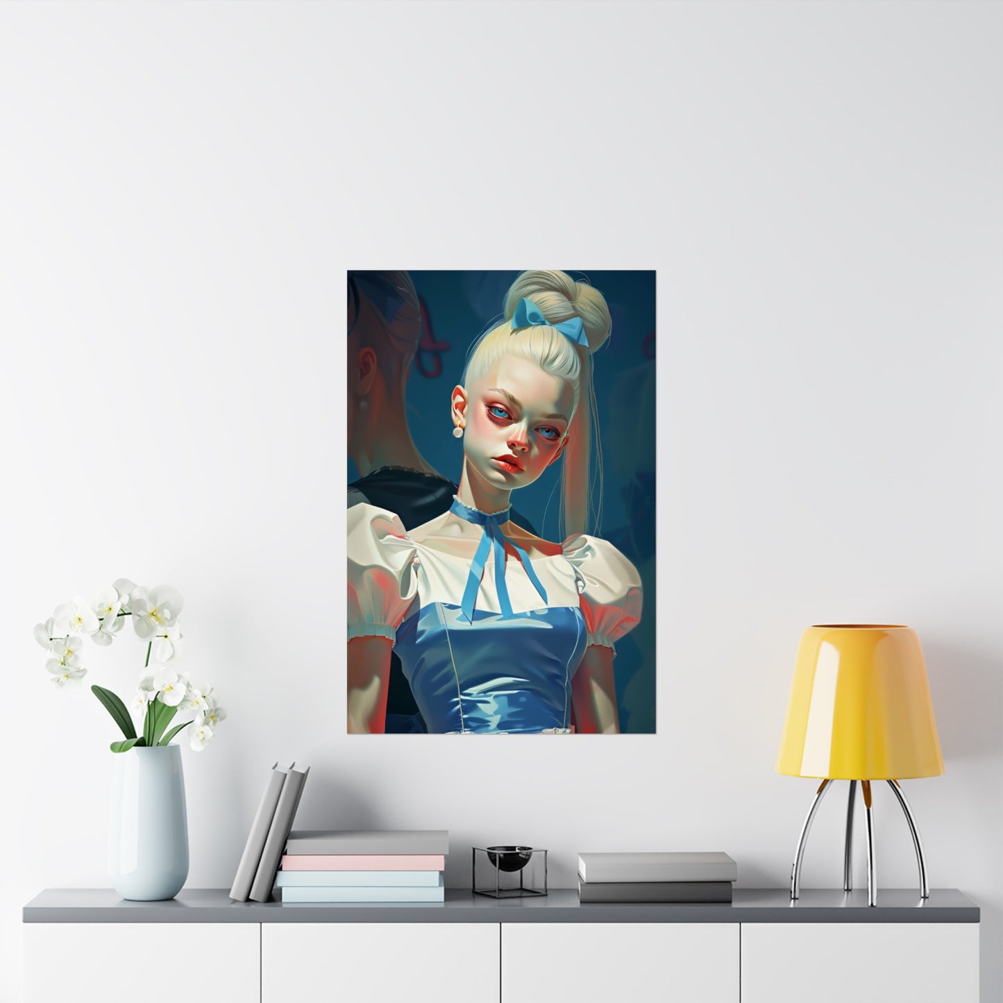 Matte Vertical Posters, Whimsical Elegance: Blonde Woman in Blue Dress with Bow (24070508)