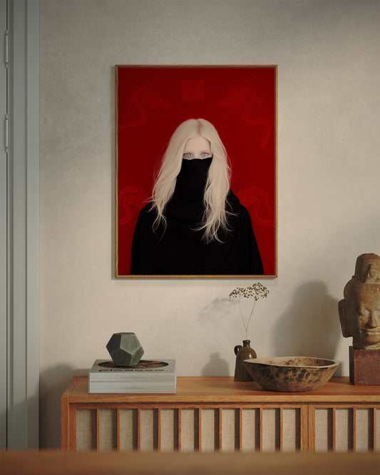 Matte Vertical Posters, Mystic Elegance: White-Haired Woman in Black with Red Dragon (24070504)