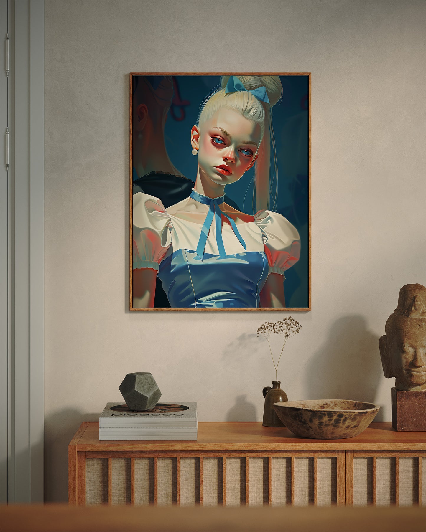 Matte Vertical Posters, Whimsical Elegance: Blonde Woman in Blue Dress with Bow (24070508)