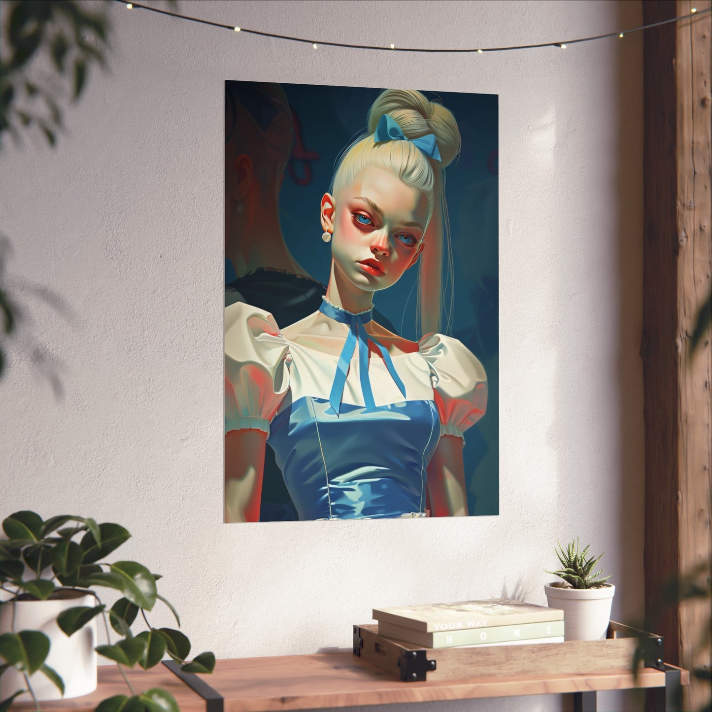 Matte Vertical Posters, Whimsical Elegance: Blonde Woman in Blue Dress with Bow (24070508)